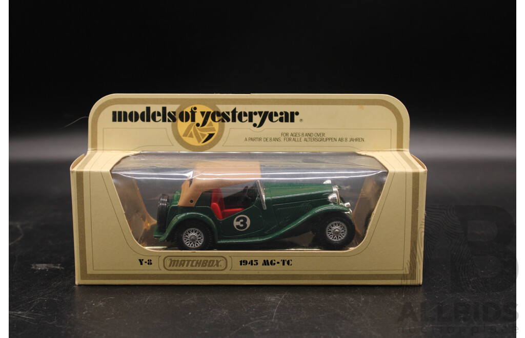 Four Vintage Matchbox Models of Yesteryear 1945 MG-TC, 1938 Lagonda, 1928 Mercedes SS, 1912 Ford Model T