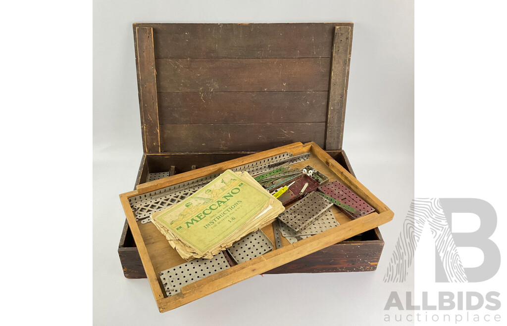 Vintage Meccano Set in Timber Box with Clockwork Motor, Instruction Manuals and More