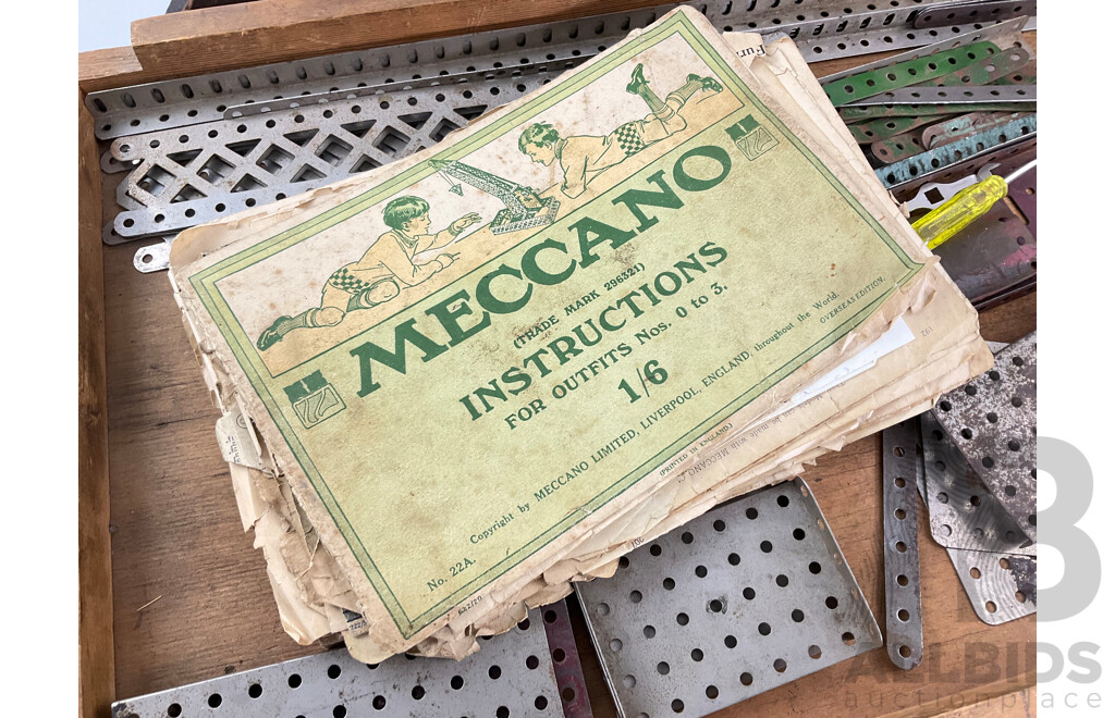 Vintage Meccano Set in Timber Box with Clockwork Motor, Instruction Manuals and More