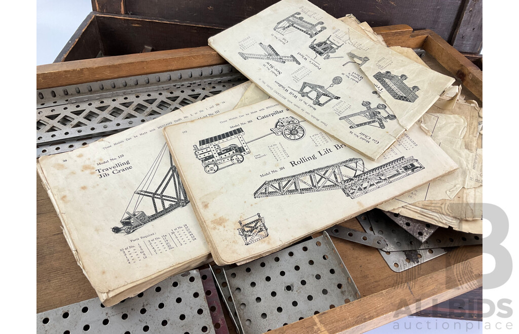 Vintage Meccano Set in Timber Box with Clockwork Motor, Instruction Manuals and More