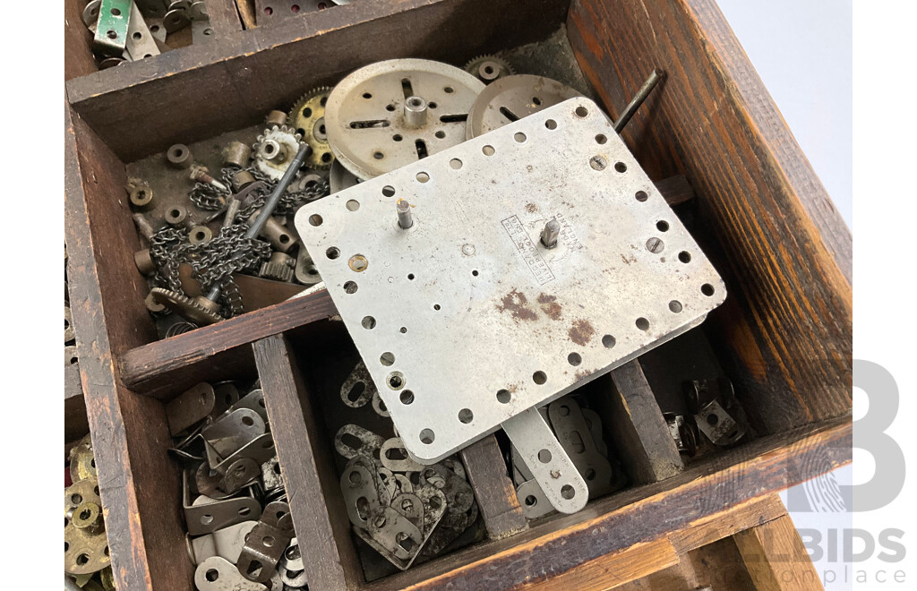 Vintage Meccano Set in Timber Box with Clockwork Motor, Instruction Manuals and More