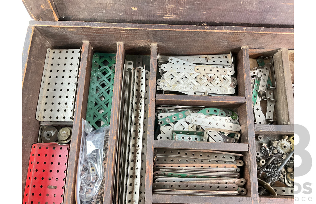 Vintage Meccano Set in Timber Box with Clockwork Motor, Instruction Manuals and More