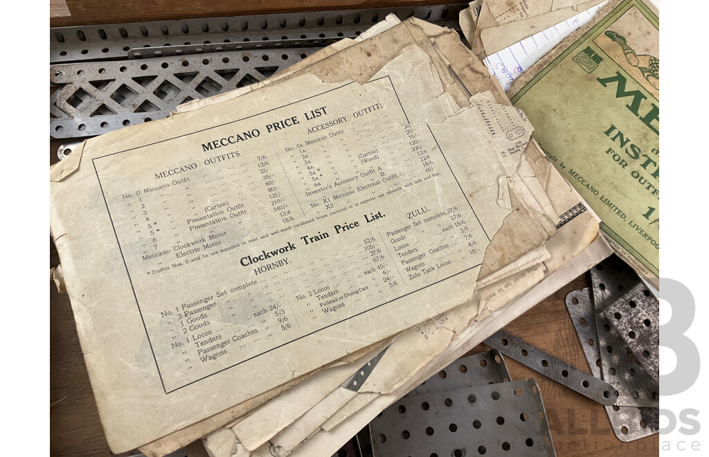 Vintage Meccano Set in Timber Box with Clockwork Motor, Instruction Manuals and More