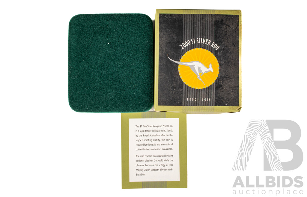 Australian 2000 RAM $1 Fine Silver Roo PROOF Coin, 1 Troy Ounce.