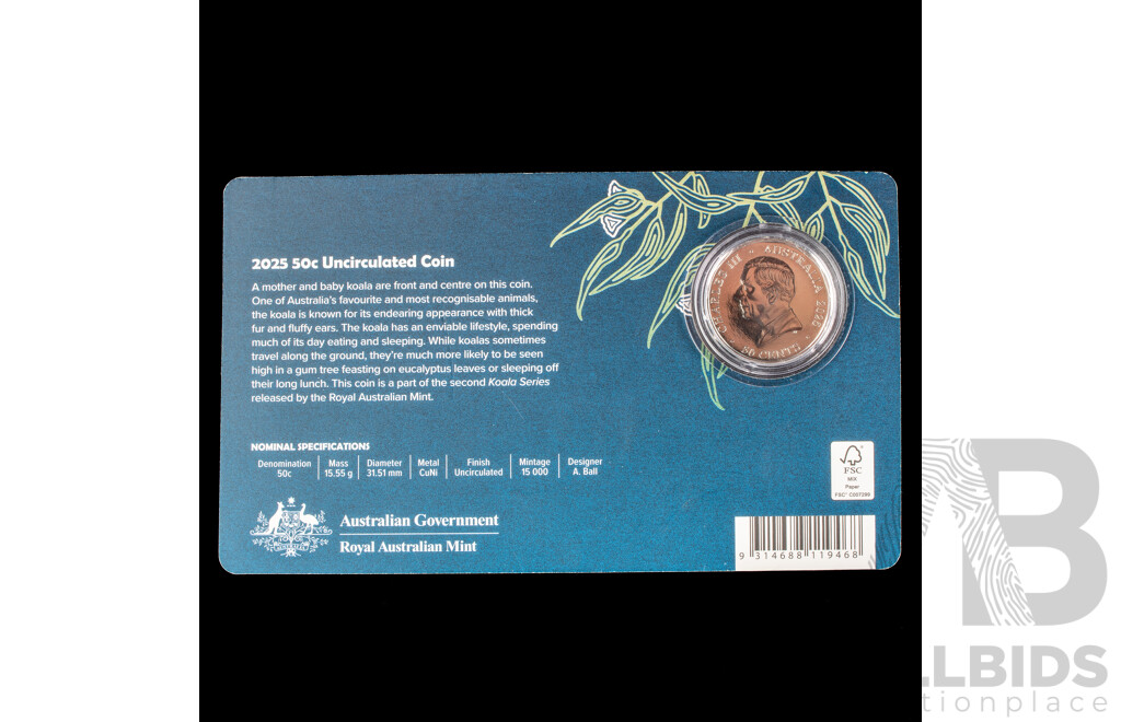 Australian 2025 50c Coin. UNC Koala Series, Mother and Baby.