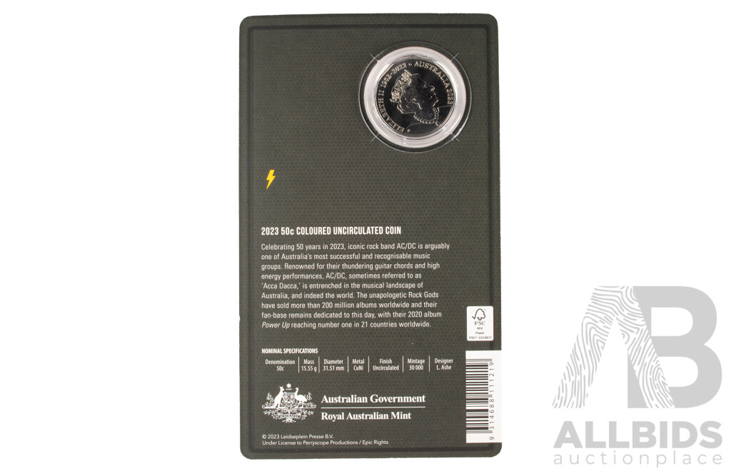 Australian 2023 UNC 50c Coin. AC DC Coloured .