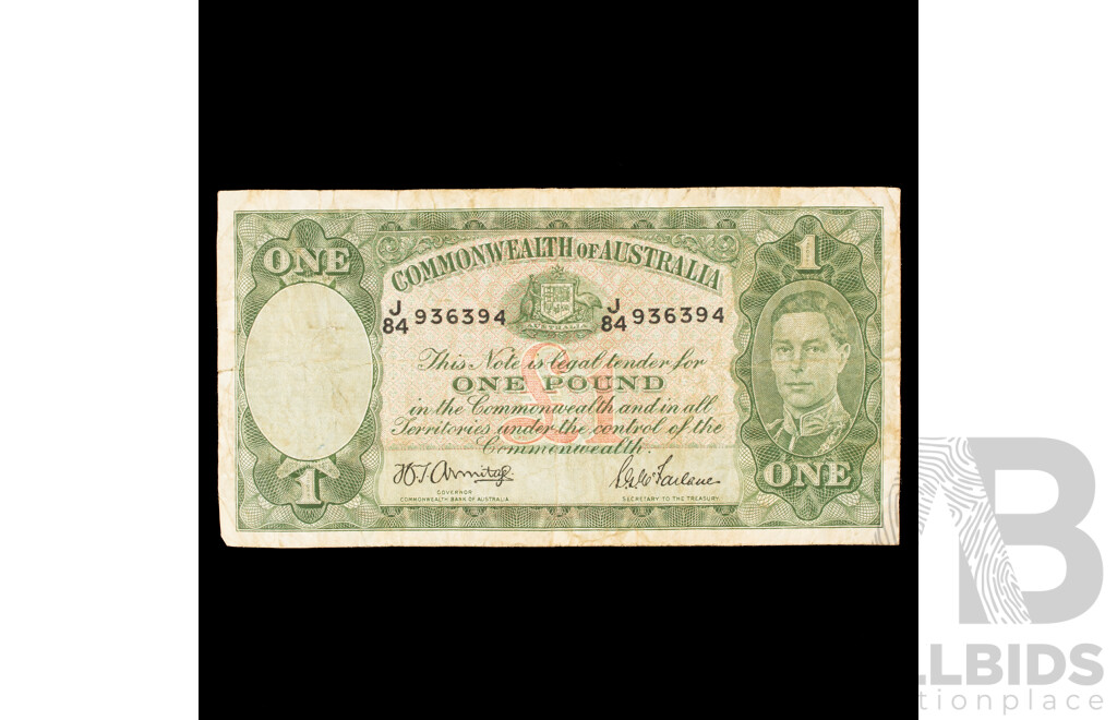 Australian 1942 Armitage McFarlane One Pound Note J84 936394