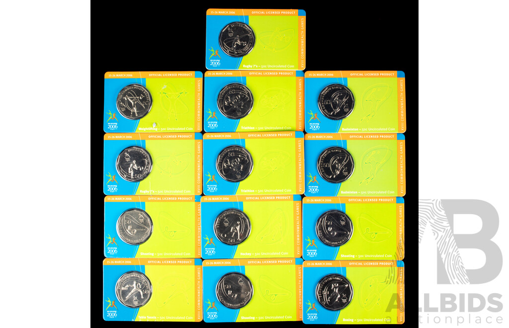 Australian 2006 Thirteen Melbourne Commonwealth Games Carded 50c Coins, UNC.