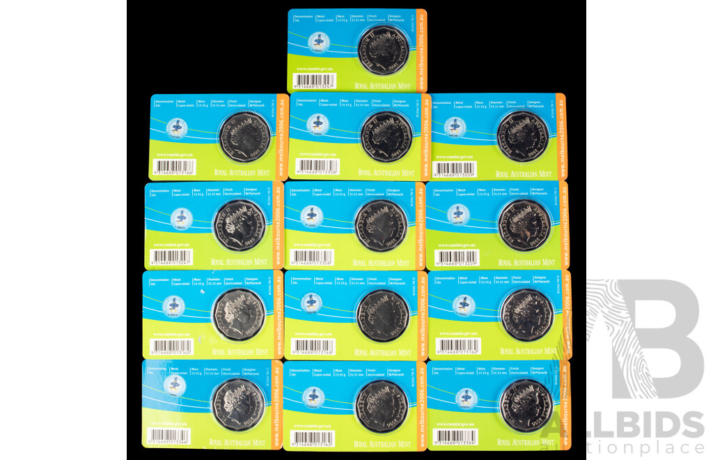 Australian 2006 Thirteen Melbourne Commonwealth Games Carded 50c Coins, UNC.