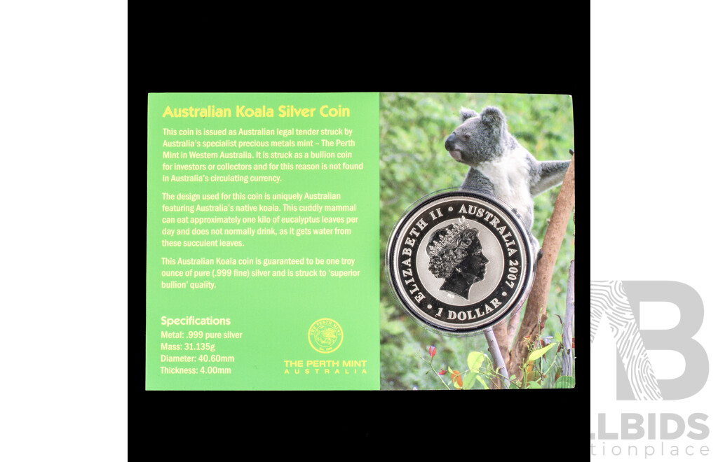 Australian 2007 Perth Mint Koala Carded Fine Silver Coin. One Troy Ounce