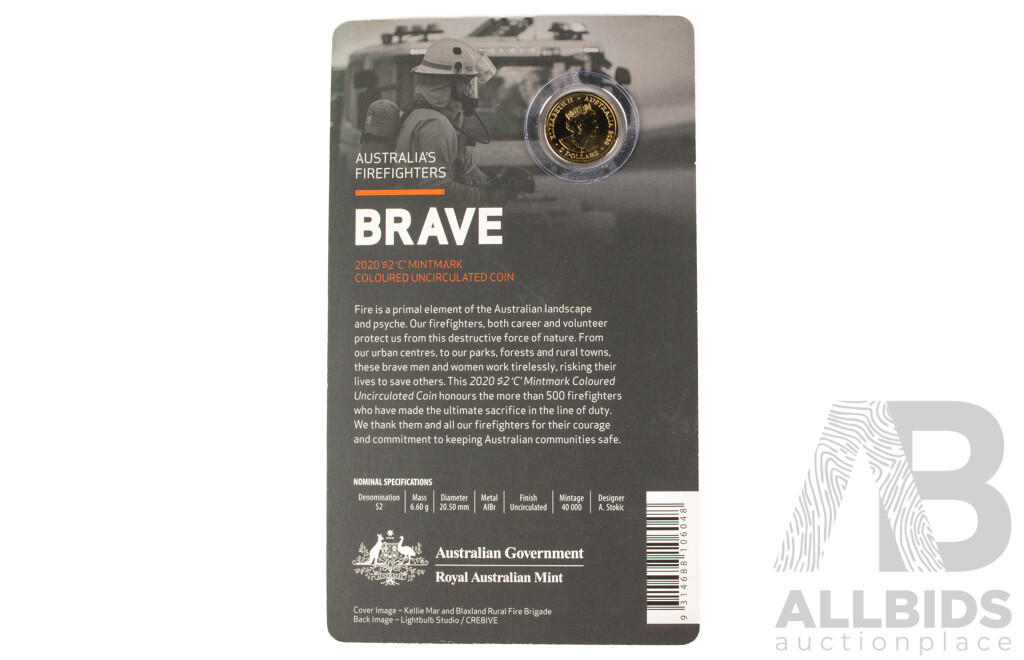 Australian 2020 $2 Coloured Coin, Australian Fire Fighters BRAVE.