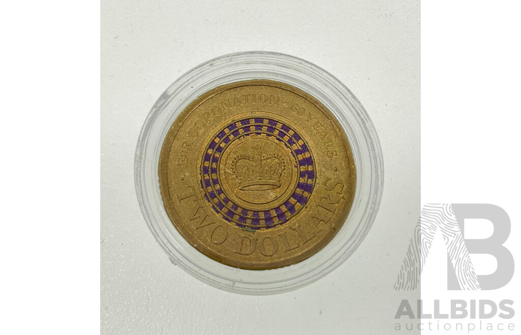 Australian 2013 RAM $2 Coin. QE2 Purple Cornation Coin.
