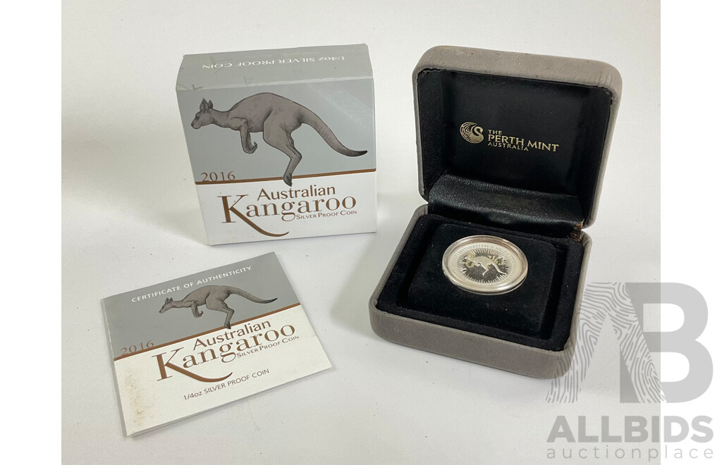 Australian 2016 Perth Mint Kangaroo fine silver PROOF 25c coin.