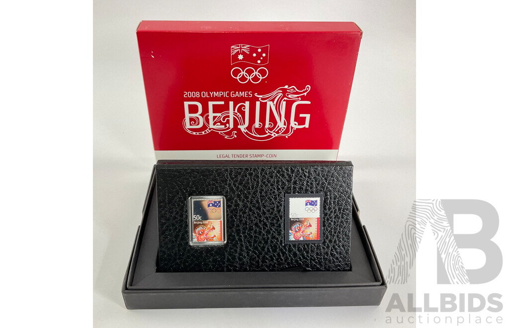 Australian Perth Mint 2008 Fine Silver PROOF Coloured 50c Coin. Beijing Olympics Stamp and Coin