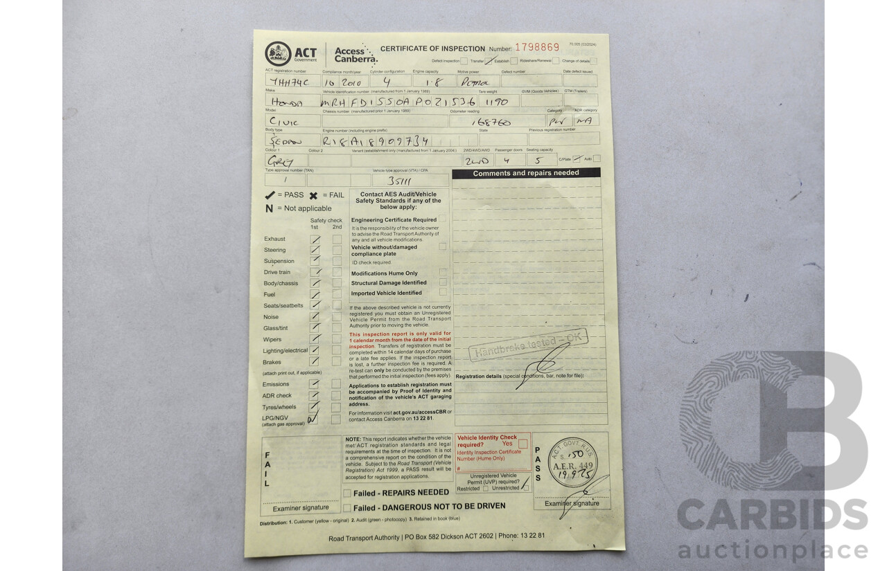 10/2010 Honda Civic Limited Edition MY10 4d Sedan Grey 1.8L