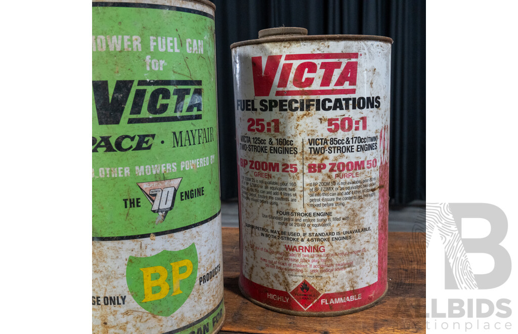 Pair of Vintage Victa Two Strike Tins and BP Example