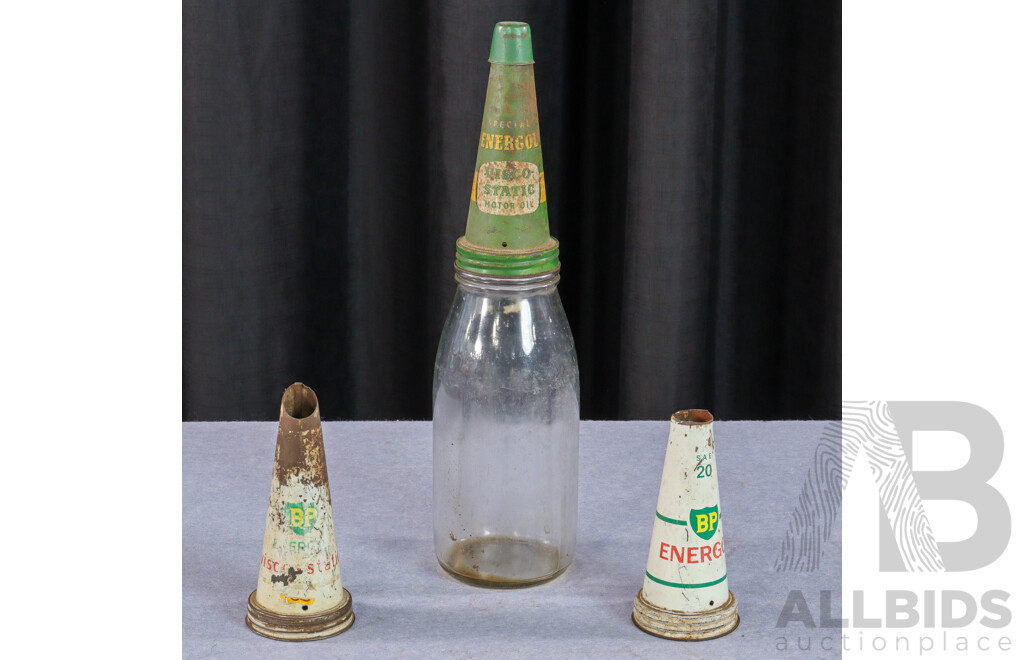 Vintage Glass Oil Bottle with BP Visco Static  ENERGOL Pourer and Cap
