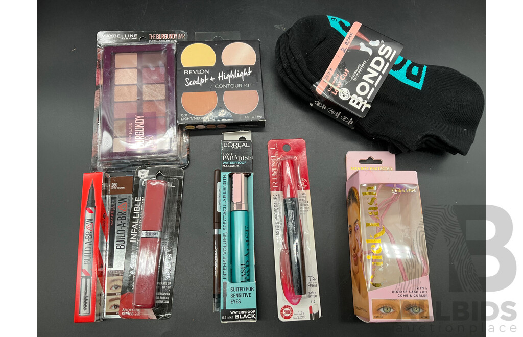 Assorted Cosmetics Including L'OREAL, RIMMEL, MAYBELLINE, REVLON and BONDS Socks - Lot of  9