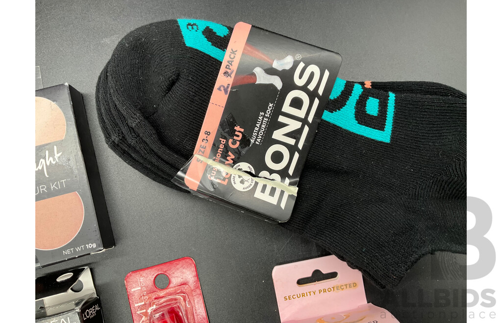 Assorted Cosmetics Including L'OREAL, RIMMEL, MAYBELLINE, REVLON and BONDS Socks - Lot of  9