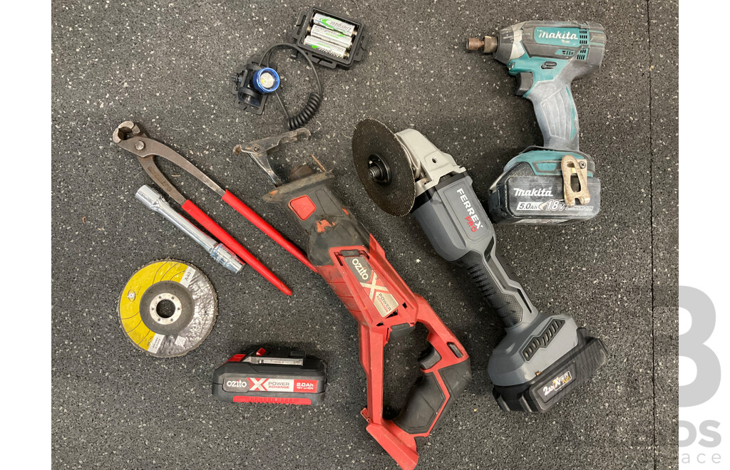 Assorted Power Tools - MAKITA (DTD152) Impact Driver, FERREX PRO Grinder, OZITO Reciprocating Saw and Tools