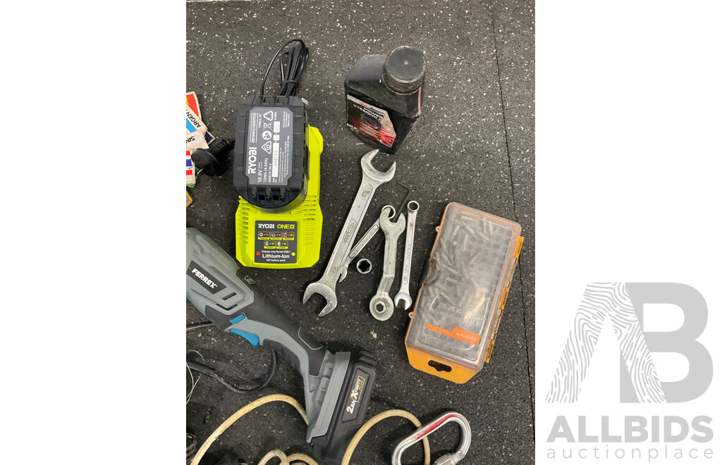 Assorted Tools, Including OZITO Sander, FERREX Multi Tool, RYOBI Charger with Battery and More