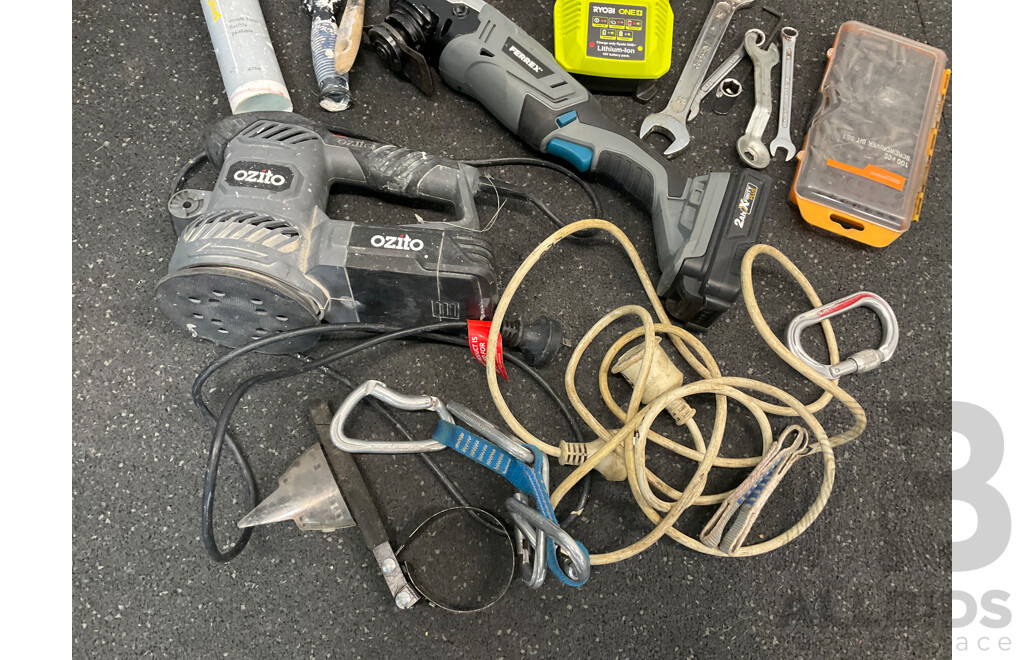 Assorted Tools, Including OZITO Sander, FERREX Multi Tool, RYOBI Charger with Battery and More