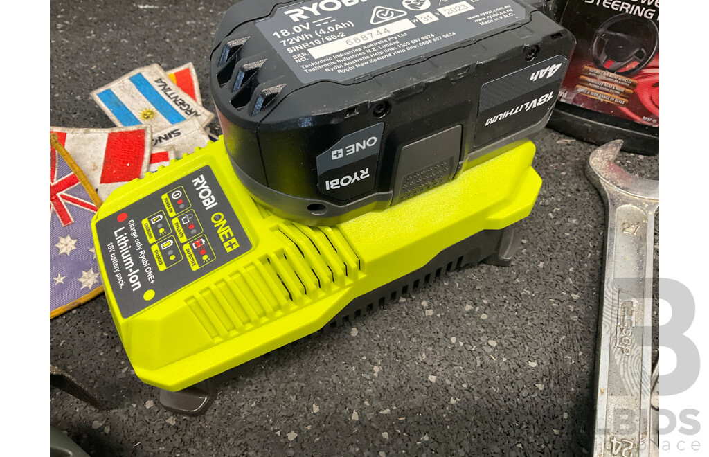 Assorted Tools, Including OZITO Sander, FERREX Multi Tool, RYOBI Charger with Battery and More