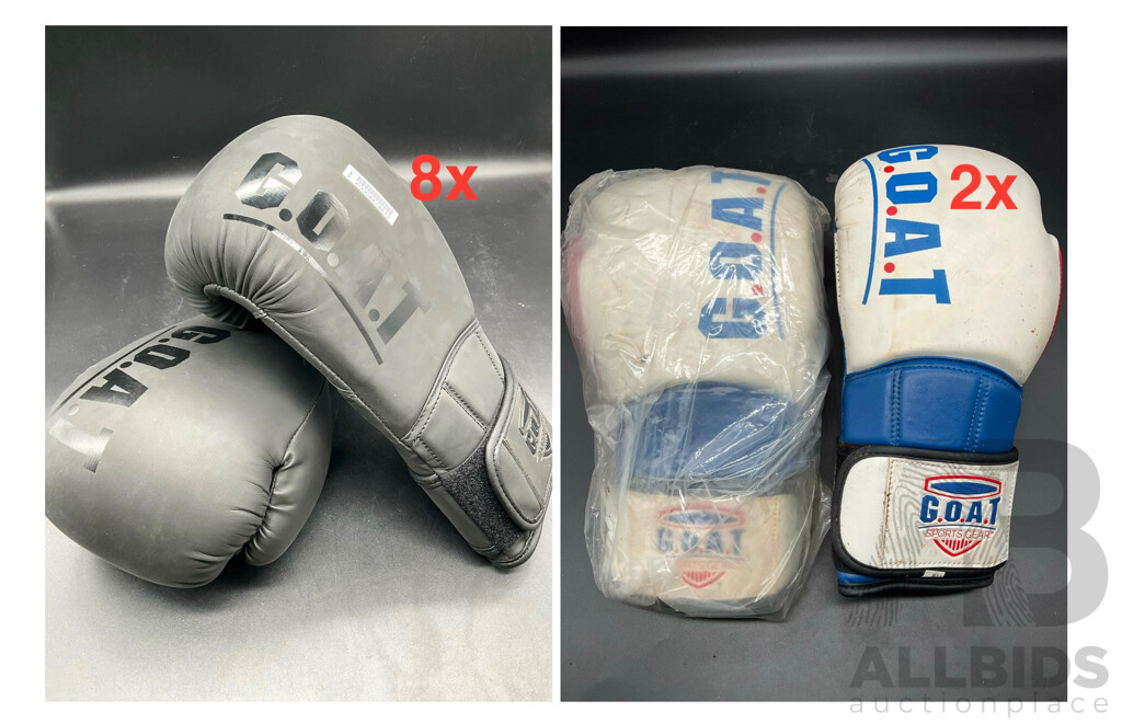 G.O.A.T. Boxing Gloves Black 12oz (x8) and White (x2) - Lot of 10