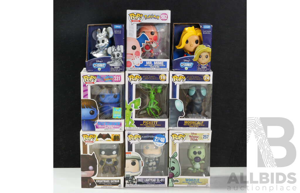 Seven Funko Pop! Figures Including Woozle, Buzz Lightyear, Pickett, Mr.Mime, Violet Beauregarde, Knightmare Batman, Mooncalf with Ooshies Minnie Mouse and Captain Marvel