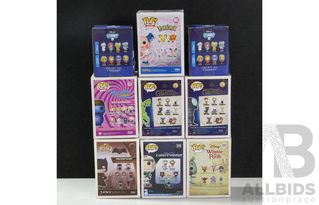 Seven Funko Pop! Figures Including Woozle, Buzz Lightyear, Pickett, Mr.Mime, Violet Beauregarde, Knightmare Batman, Mooncalf with Ooshies Minnie Mouse and Captain Marvel