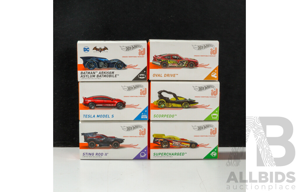 Six Boxed Hot Wheels ID Vehicles Including Batmobile, Supercharged, Scorpedo, Sting Rod II, Tesla, Oval Drive