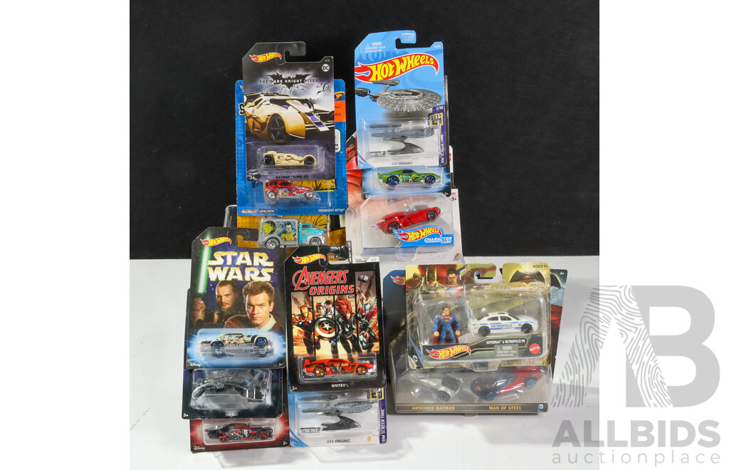 Collection of Boxed Hot Wheels Vehicles Including Dark Knight Series, Star Trek, Star Wars, Batman Vs Superman