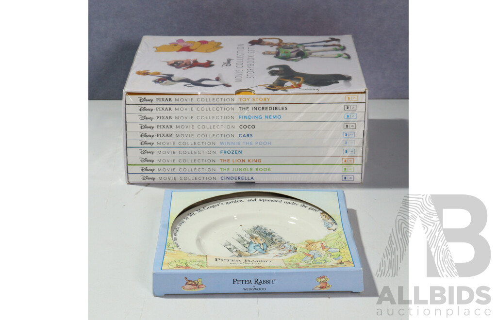Disney Movie Collection Storybook Set, Ten Volumes in Slip Case Sealed in Plastic, Along with Wedgwood Peter Rabbit Plate in Original Box