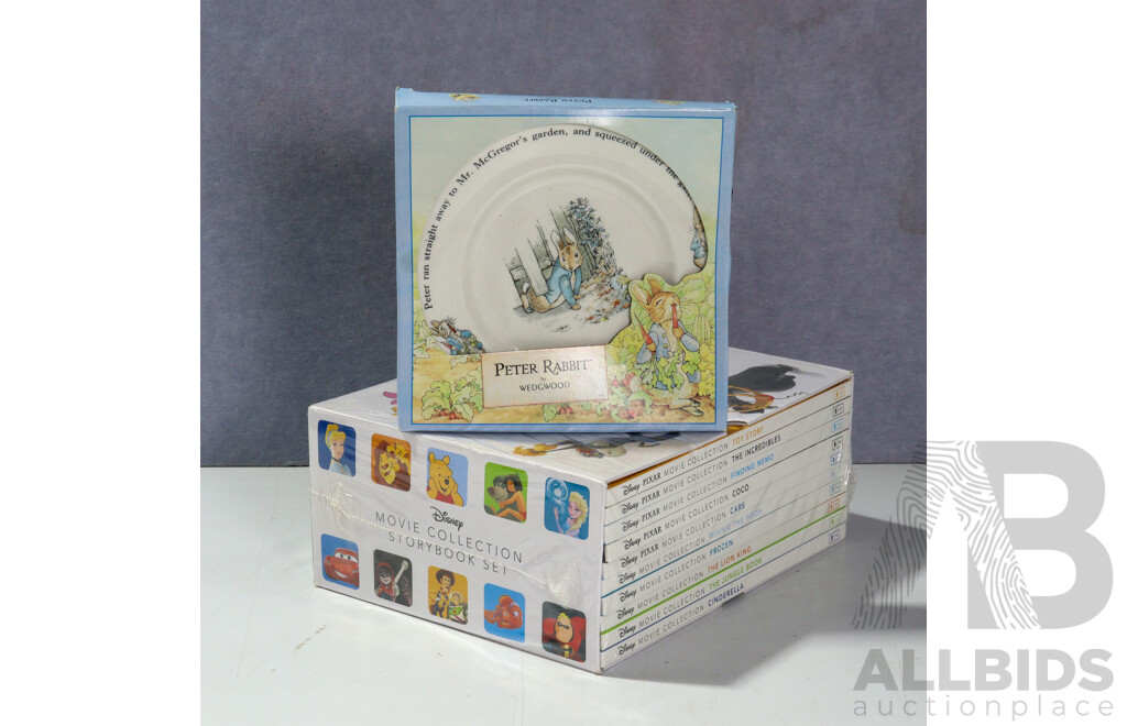 Disney Movie Collection Storybook Set, Ten Volumes in Slip Case Sealed in Plastic, Along with Wedgwood Peter Rabbit Plate in Original Box