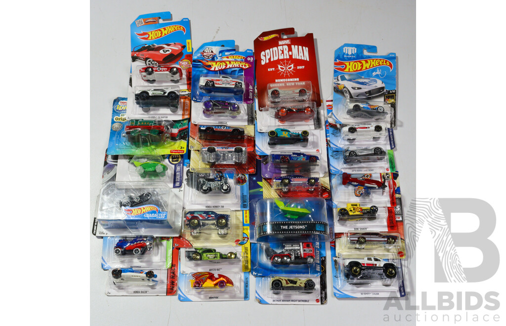 Thirty Boxed Hot Wheels Vehicles Including Jetsons, Spider Man, Legends of Speed, Stars & Stripes