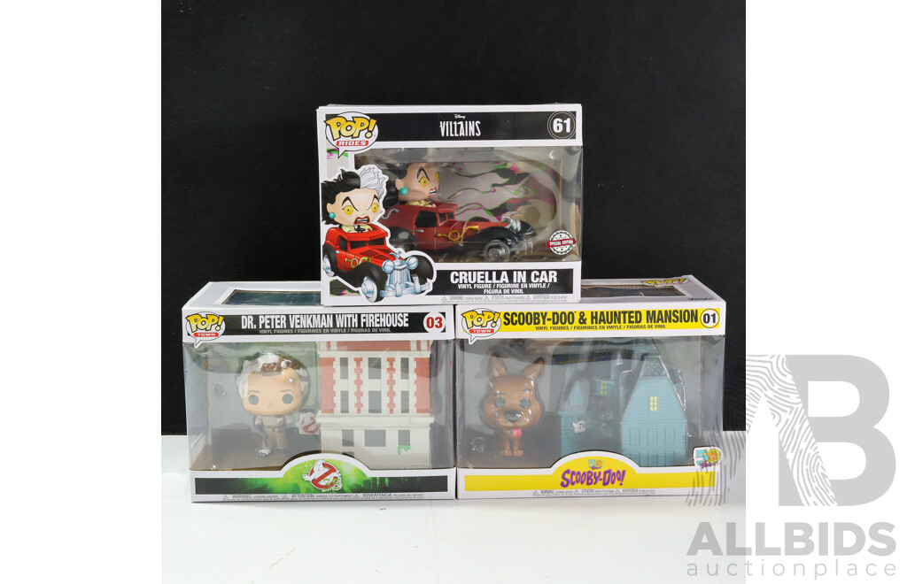 Funko Pop! Rides and Town Including Scooby Doo & Haunted Mansion, Cruella in Car and Dr Peter Vankman with Firehouse