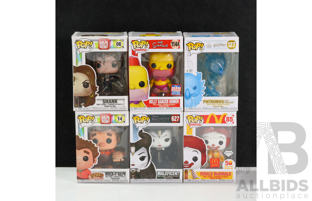 Funko Pop! Figures Including Wreck It Ralph, Simpsons, Ronald McDonald, Harry Potter, Maleficent