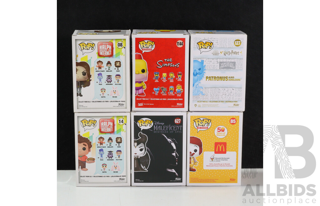 Funko Pop! Figures Including Wreck It Ralph, Simpsons, Ronald McDonald, Harry Potter, Maleficent