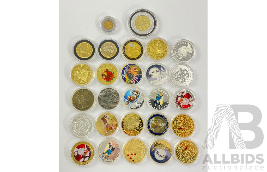 Twenty Seven Gold and Silver Tone Tokens, Coins and Medallions Including Australian 1930 Penny, Christmas Themed, Royal Themed, Military, Religious