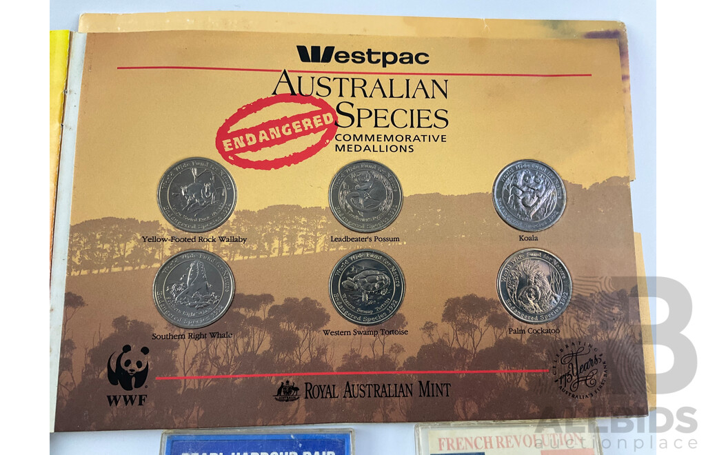 Collection of Commemorative Medallions Including Battle of Britain, Pearl Harbour Raid, French Revolution Melbourne Cup, Australian Endangered Species, Japan Jamboree Pioneer Award, Space Jam and More