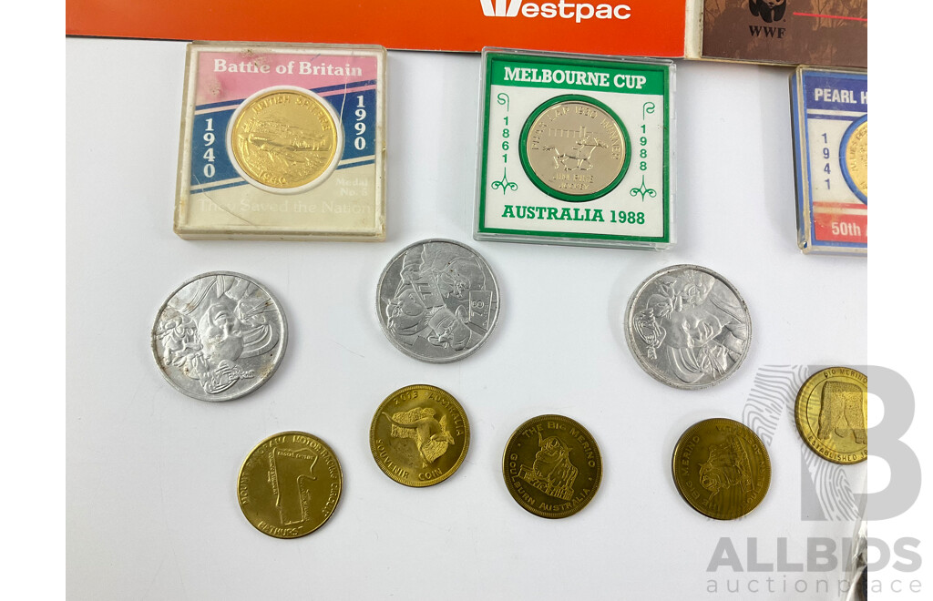 Collection of Commemorative Medallions Including Battle of Britain, Pearl Harbour Raid, French Revolution Melbourne Cup, Australian Endangered Species, Japan Jamboree Pioneer Award, Space Jam and More