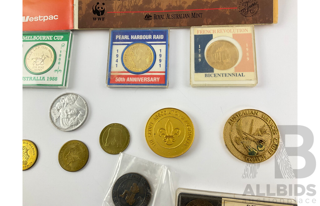 Collection of Commemorative Medallions Including Battle of Britain, Pearl Harbour Raid, French Revolution Melbourne Cup, Australian Endangered Species, Japan Jamboree Pioneer Award, Space Jam and More