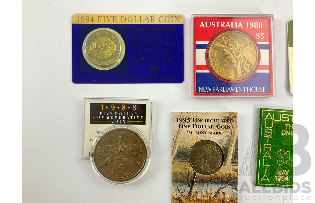 Collection of Australian Commemorative Coins Including Four Five Dollar, 1988 Parliament House(2) 1994 Women's Enfranchisement SA, 2000 Phar Lap, One Dollars 1995 Walzing Matilda M Mint Mark, 2007 Henry Parkes C Mint Mark........