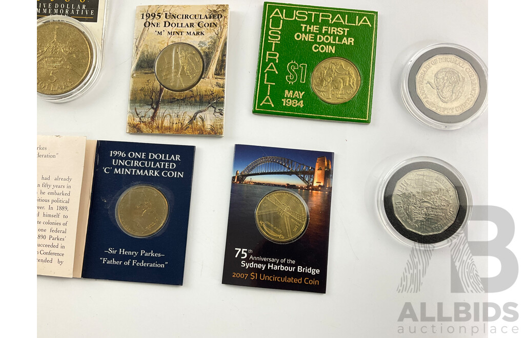 Collection of Australian Commemorative Coins Including Four Five Dollar, 1988 Parliament House(2) 1994 Women's Enfranchisement SA, 2000 Phar Lap, One Dollars 1995 Walzing Matilda M Mint Mark, 2007 Henry Parkes C Mint Mark........