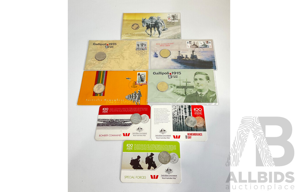 Collection of Australian Military Related PNCs and Coins Including Unlikely War Heroes, Simpson and His Donkey, Centenary of WW1, Royal Australian Navy, Australia Remembers, 100 Years of ANZACS