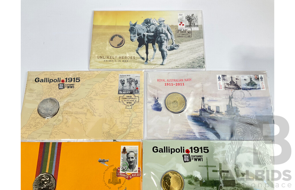 Collection of Australian Military Related PNCs and Coins Including Unlikely War Heroes, Simpson and His Donkey, Centenary of WW1, Royal Australian Navy, Australia Remembers, 100 Years of ANZACS