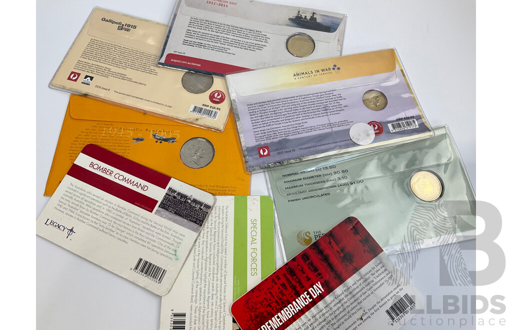 Collection of Australian Military Related PNCs and Coins Including Unlikely War Heroes, Simpson and His Donkey, Centenary of WW1, Royal Australian Navy, Australia Remembers, 100 Years of ANZACS