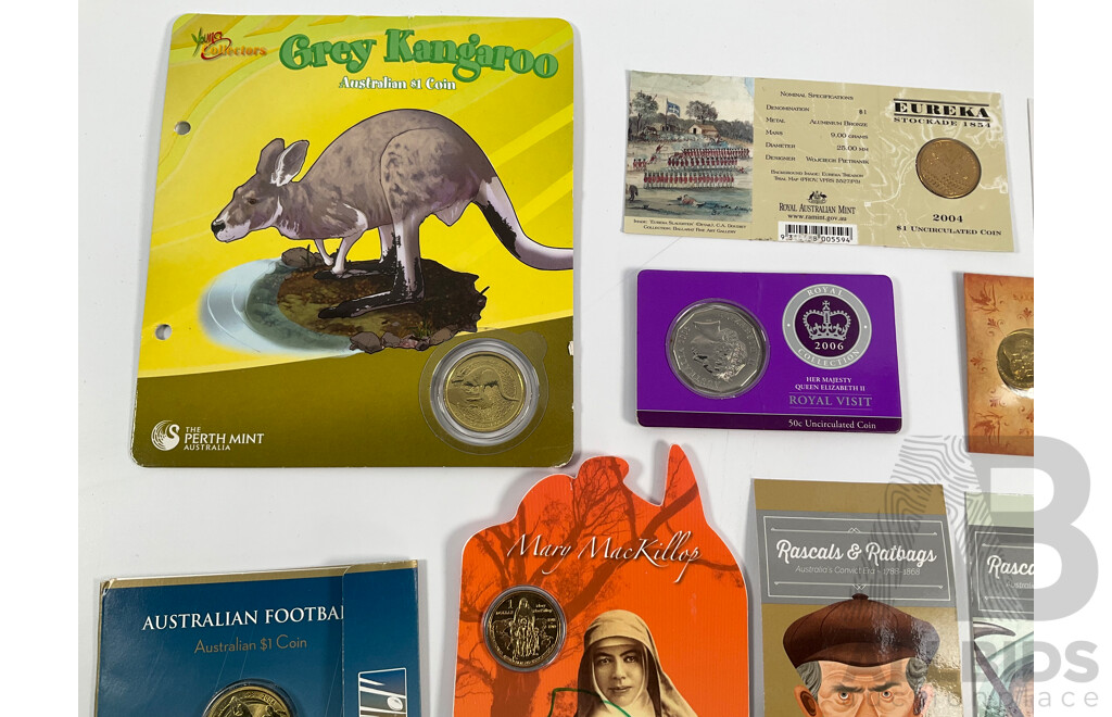 Collection of Australian Commemorative Coins Including Four 2018 One Dollars Rascals & Ratbags, Five 2019 One Dollars Bold Bad and Ugly, S and B Counter Stamps, 2006 Fifty Cent, Royal Visit....................