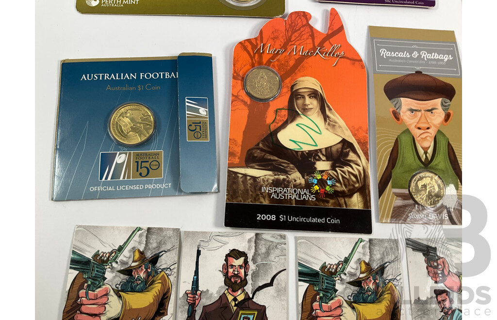 Collection of Australian Commemorative Coins Including Four 2018 One Dollars Rascals & Ratbags, Five 2019 One Dollars Bold Bad and Ugly, S and B Counter Stamps, 2006 Fifty Cent, Royal Visit....................