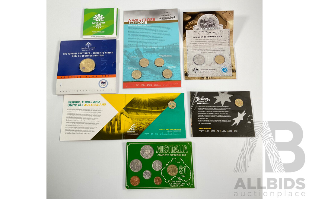 Collection of Australian UNC Coins Including 2018 Gold Plated Fifty Cent, XXI Commonwealth Games, 1984 Seven Coin Set, 2011 Two Coin Set, Australian Wool................